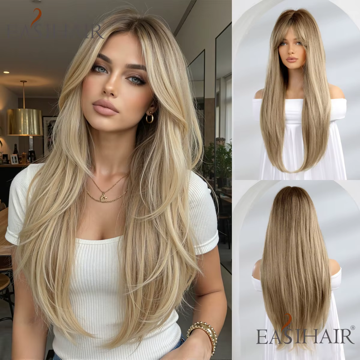 Perruque longue blonde et brune ombrée avec frange