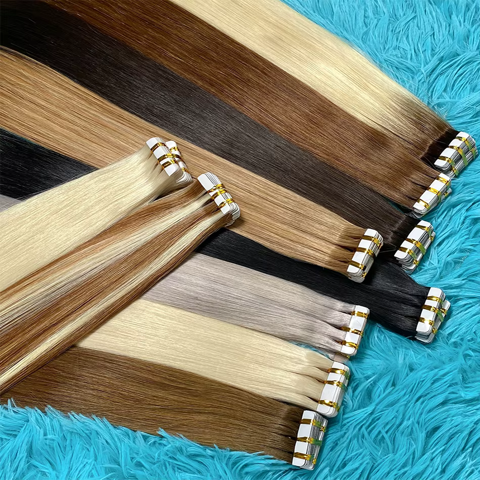Extensions de cheveux blondes à bandes adhésives invisibles en cheveux humains, trame de peau en PU, 20 pièces, longueur 18-30 pouces, installation facile