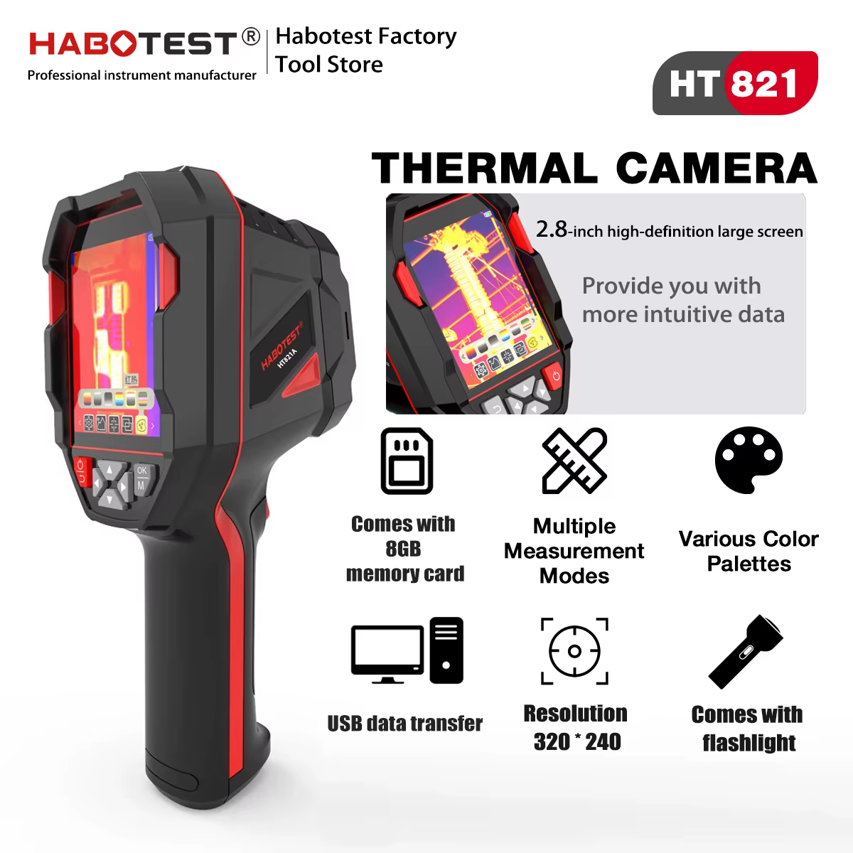 Caméra thermique rechargeable HABOTEST HT821A -20 ℃ ~550 ℃ Caméra thermique portable étanche, anti-poussière et anti-chute