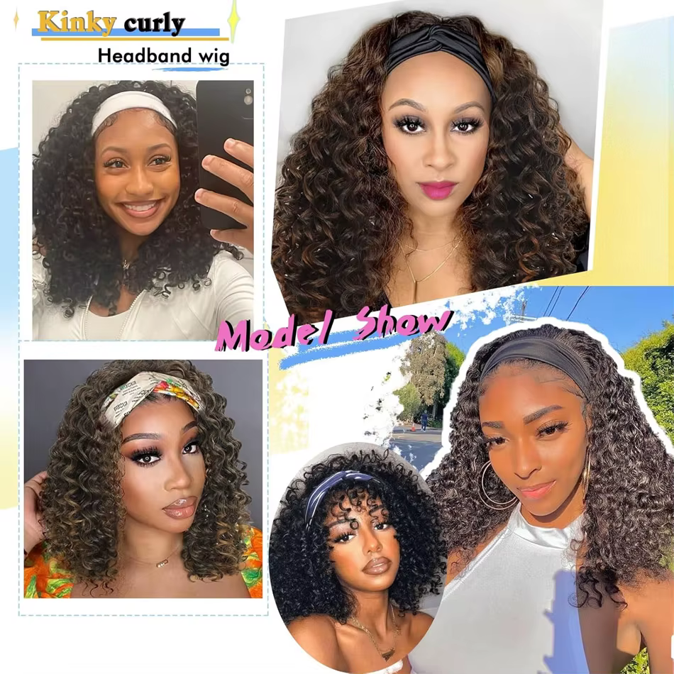 Bandeau perruque cheveux humains crépus bouclés sans colle pleine Machine faite Isee