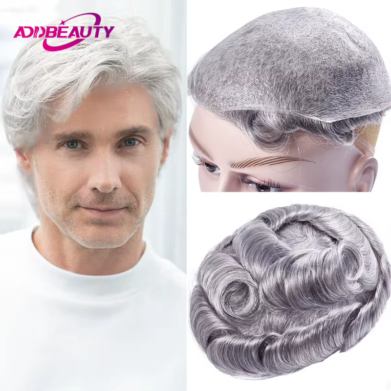 Full PU 0.02-0.03mm Vloop homme toupet indien perruques de cheveux humains peau Super mince hommes prothèse capillaire