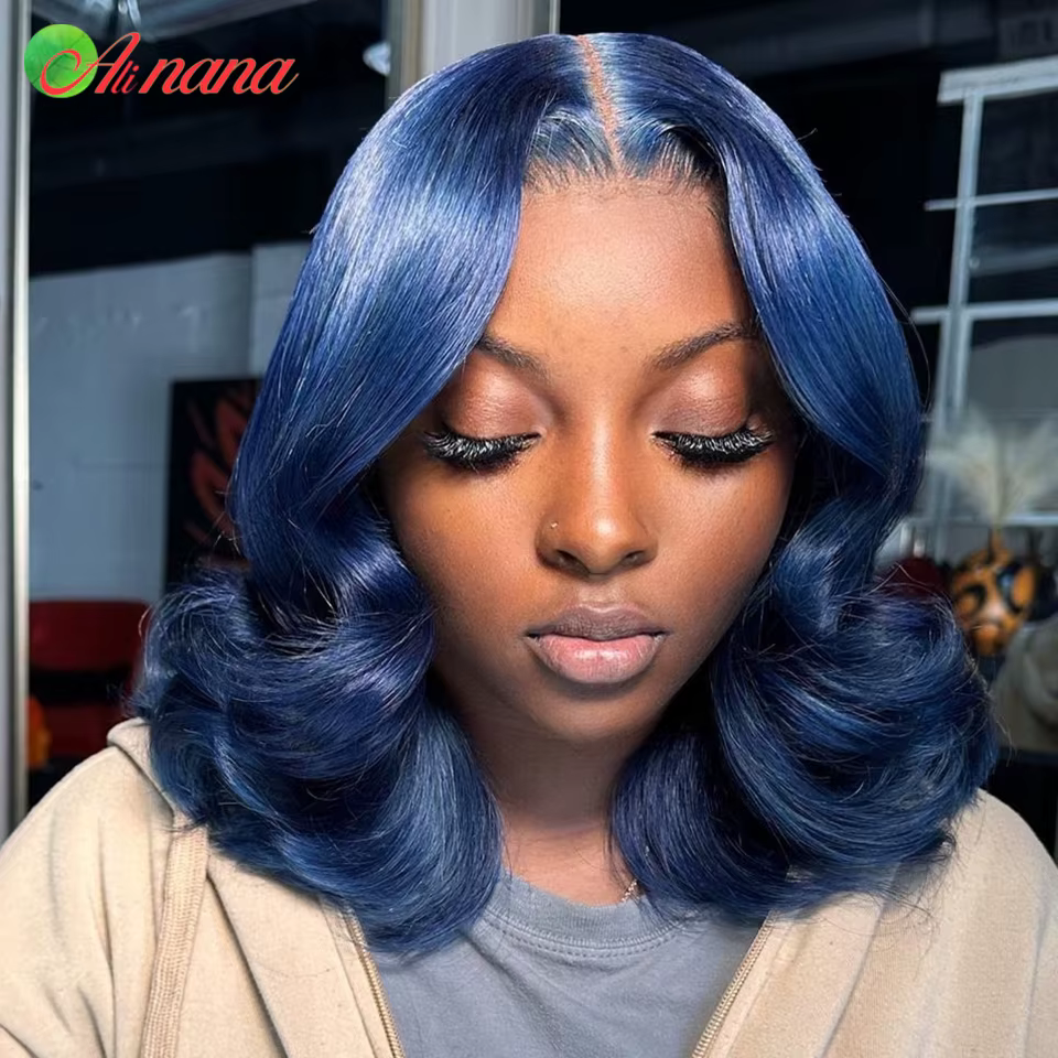 Bleu avec racine couleur courte Bob perruque 13x4 dentelle frontale perruques 200% densité ondulée cheveux humains perruques pour les femmes vague de corps coiffure