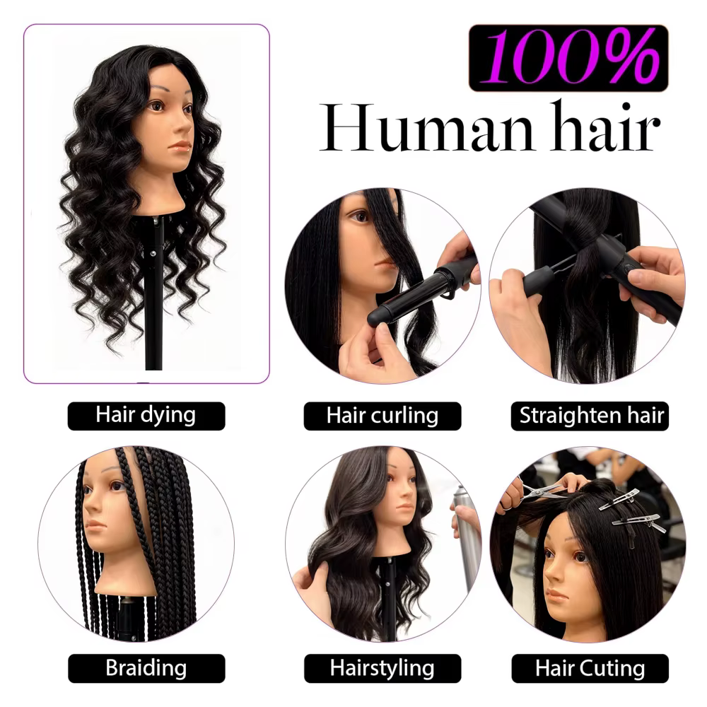 Tête de mannequin de 20 pouces en cheveux naturels pour la formation en salon de coiffure