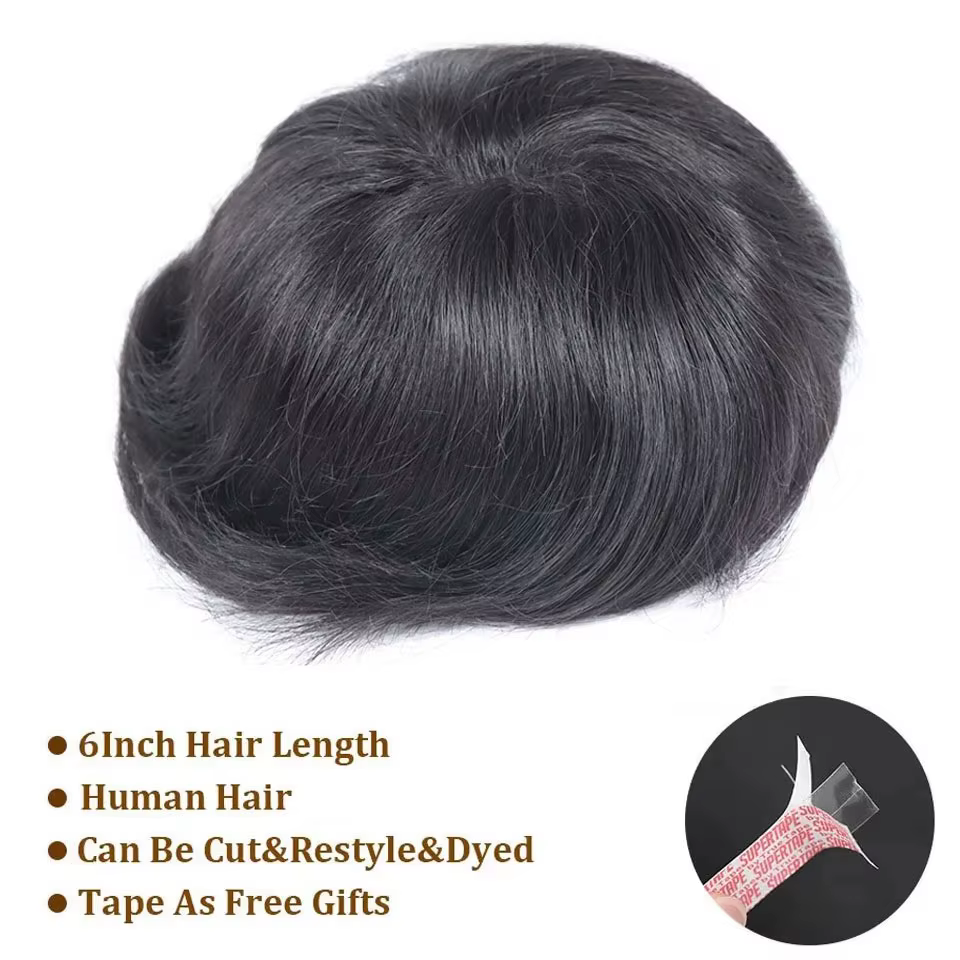 0,08-0,10 mm toupet en PU pleine peau pour hommes perruques de cheveux humains à boucle en V pour hommes # Remplacement