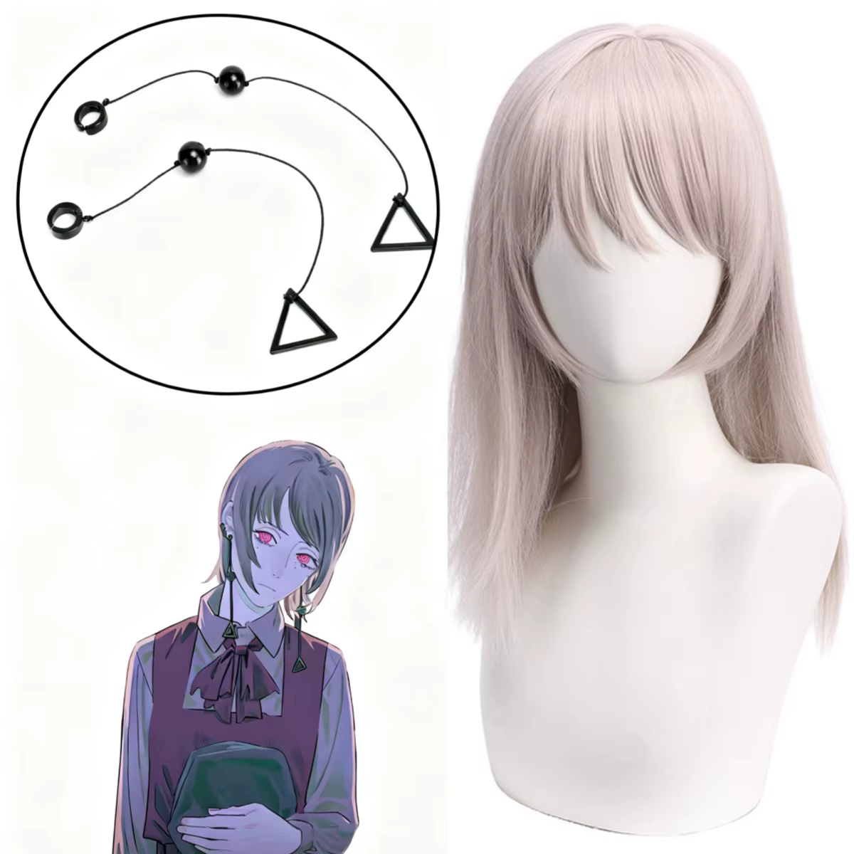 Perruques de Cosplay du diable de la mort pour homme adulte, tronçonneuse, Triangle noir, boucles d'oreilles pendantes, Anime japonais, perruque, ensemble d'accessoires de Costume