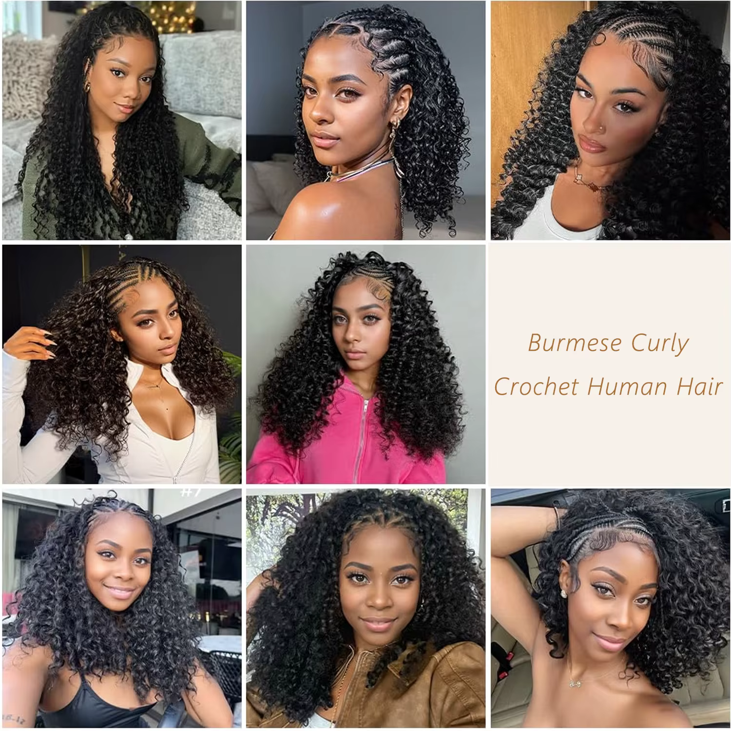 Extensions de cheveux humains bouclés birmans au crochet