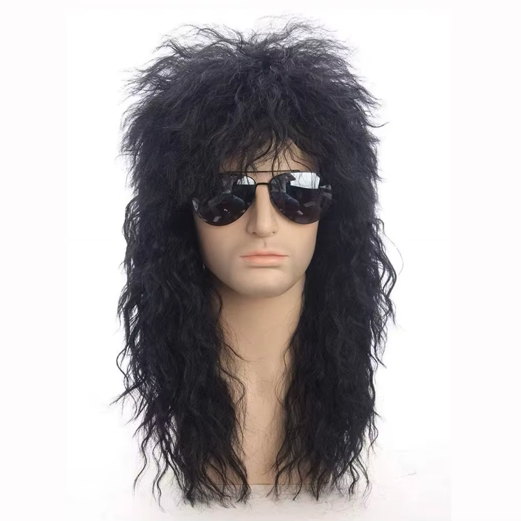 Perruque bouclée noire pour hommes avec frange – Cheveux synthétiques ondulés naturels pour cosplay