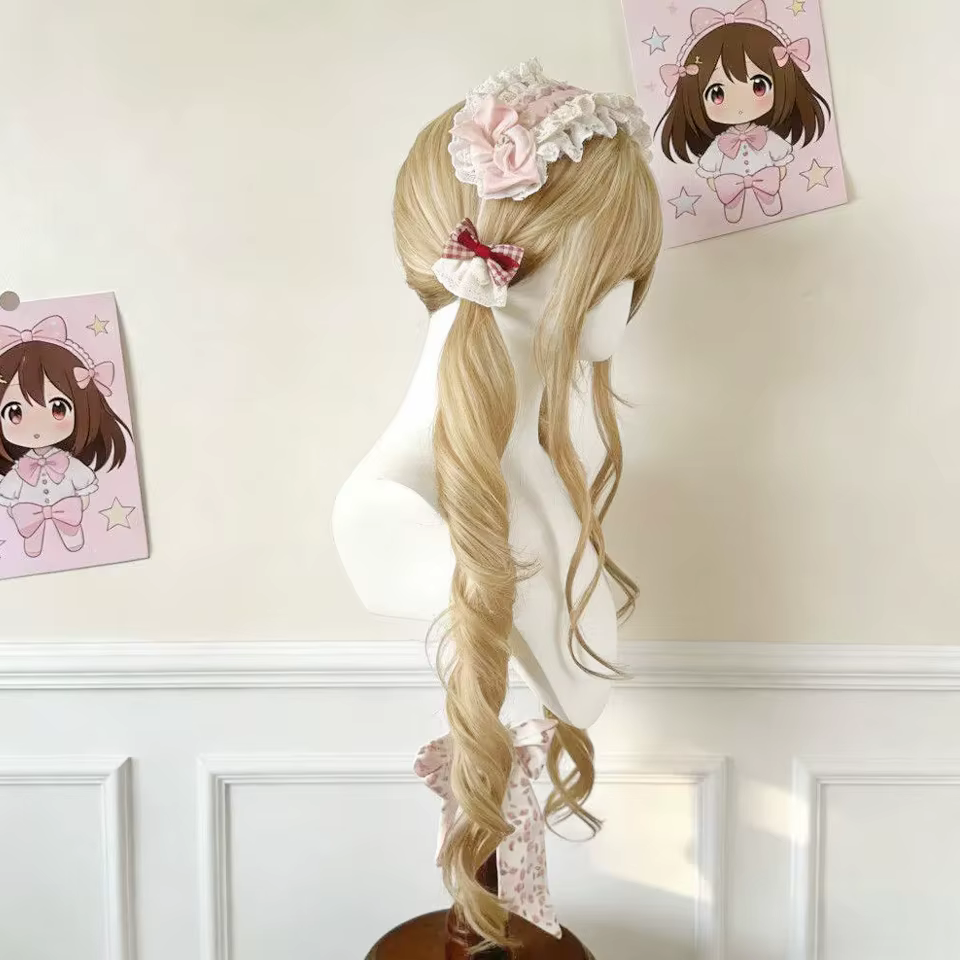 Perruque longue blonde double queue de cheval style Lolita avec frange, boucles princesse, synthétique, noire et marron, pour fille, cosplay, Halloween, Harajuku