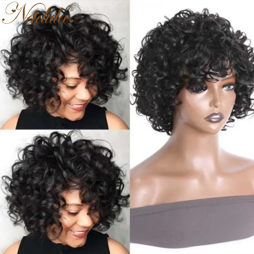 Nadula cheveux bouclés Pixie avec frange 10 "court rebondissant