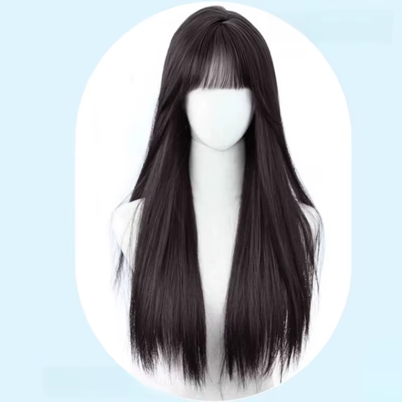 Perruque synthétique longue et lisse noire de 24 pouces avec frange pour femmes