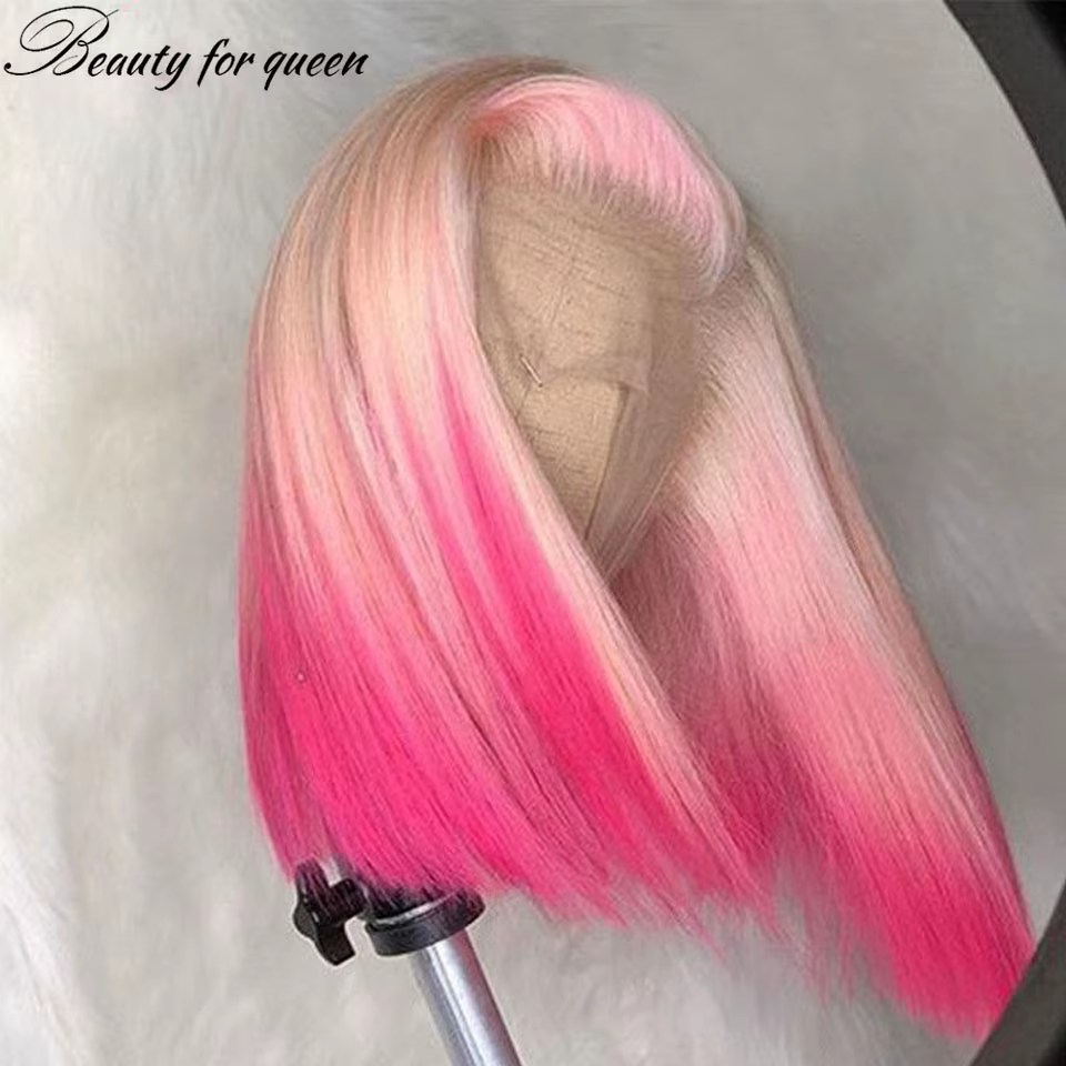 Perruque Bob Lace Front Wig naturelle lisse, cheveux blond miel 613 rose 13x4, perruque Bob courte ombrée de couleur rose, pre-plucked