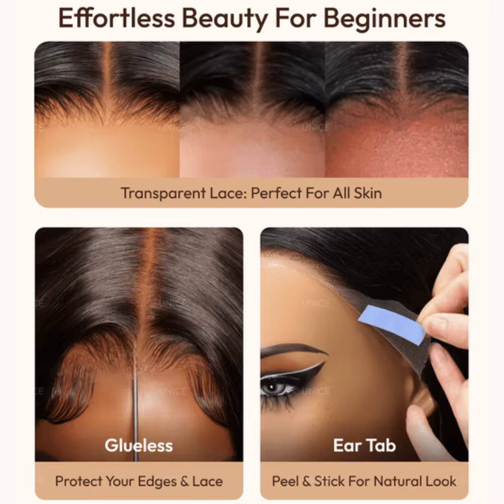 UNice Bye-Bye Slip ™ Perruque 13x4 Lace Frontal Couleur Bronde avec Mèches Blond Miel Ondulées Effet Mouillé 100% Cheveux Humains Sans Colle