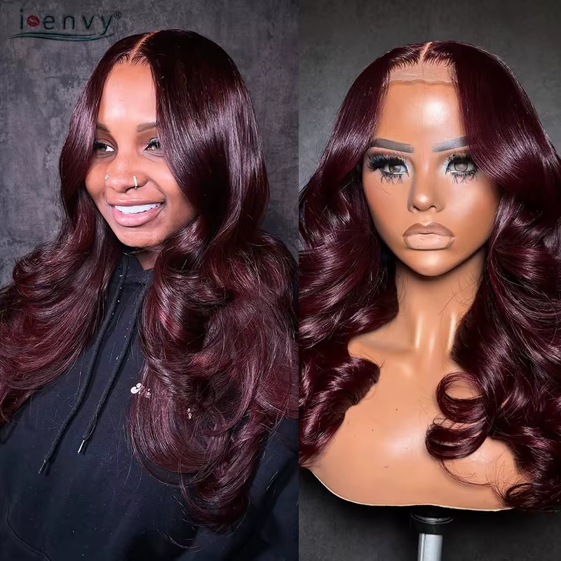 Perruque Lace Front Wig Body Wave Naturelle Bouclée Bordeaux