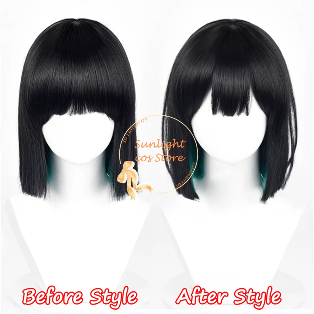 Sua Cosplay perruque 30 cm noir vert mixte perruques avec boucles d'oreilles résistant à la chaleur cheveux