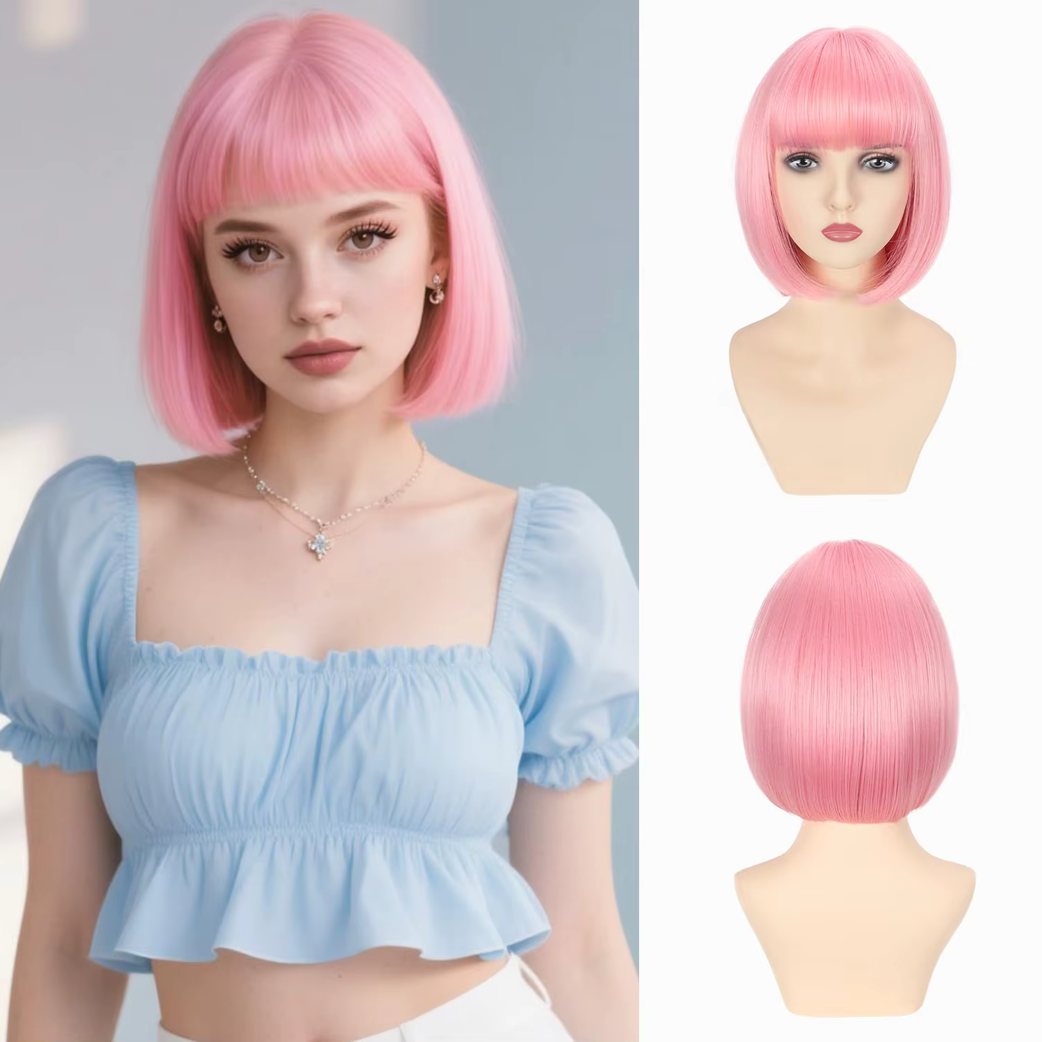Perruque synthétique rose style bob pour Halloween