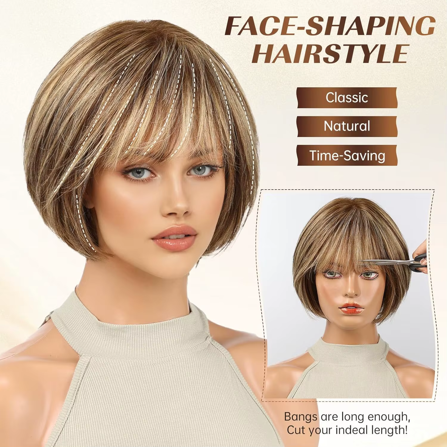 Perruque en cheveux humains bruns mélangés blonds pour femmes avec frange, perruque bob de 10 pouces, cheveux humains bruns lisses naturels et doux, pour les fêtes et le quotidien