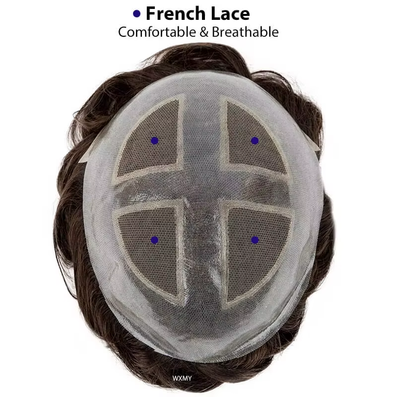 Toupet pour hommes croisé sur PU | Base de peau et dentelle + cadre en PU cheveux humains
