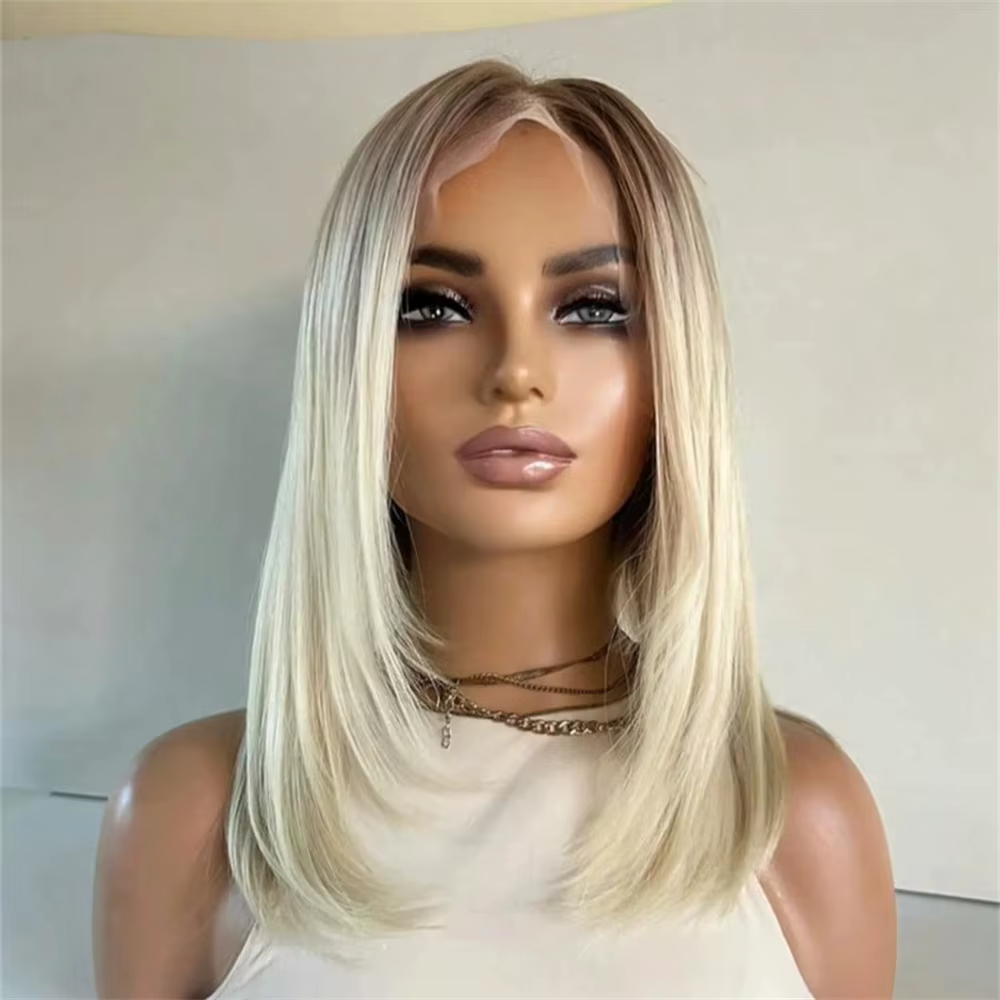 Perruque sans colle Lace Front Synthétique Ombré Blond Crème Clair avec Mèches