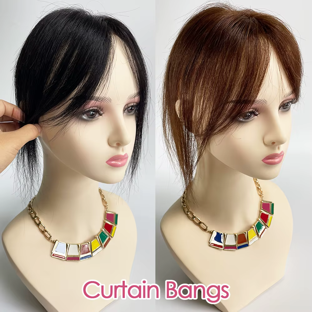 Topper de cheveux humains couleur marron avec frange rideau