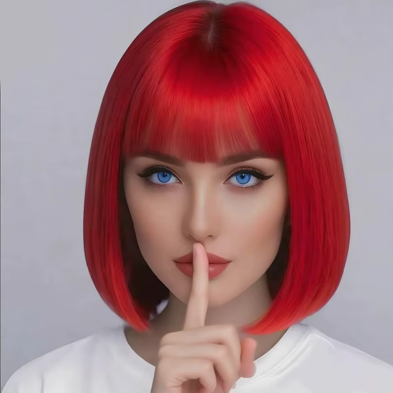 Perruque synthétique rouge de 12 pouces avec frange