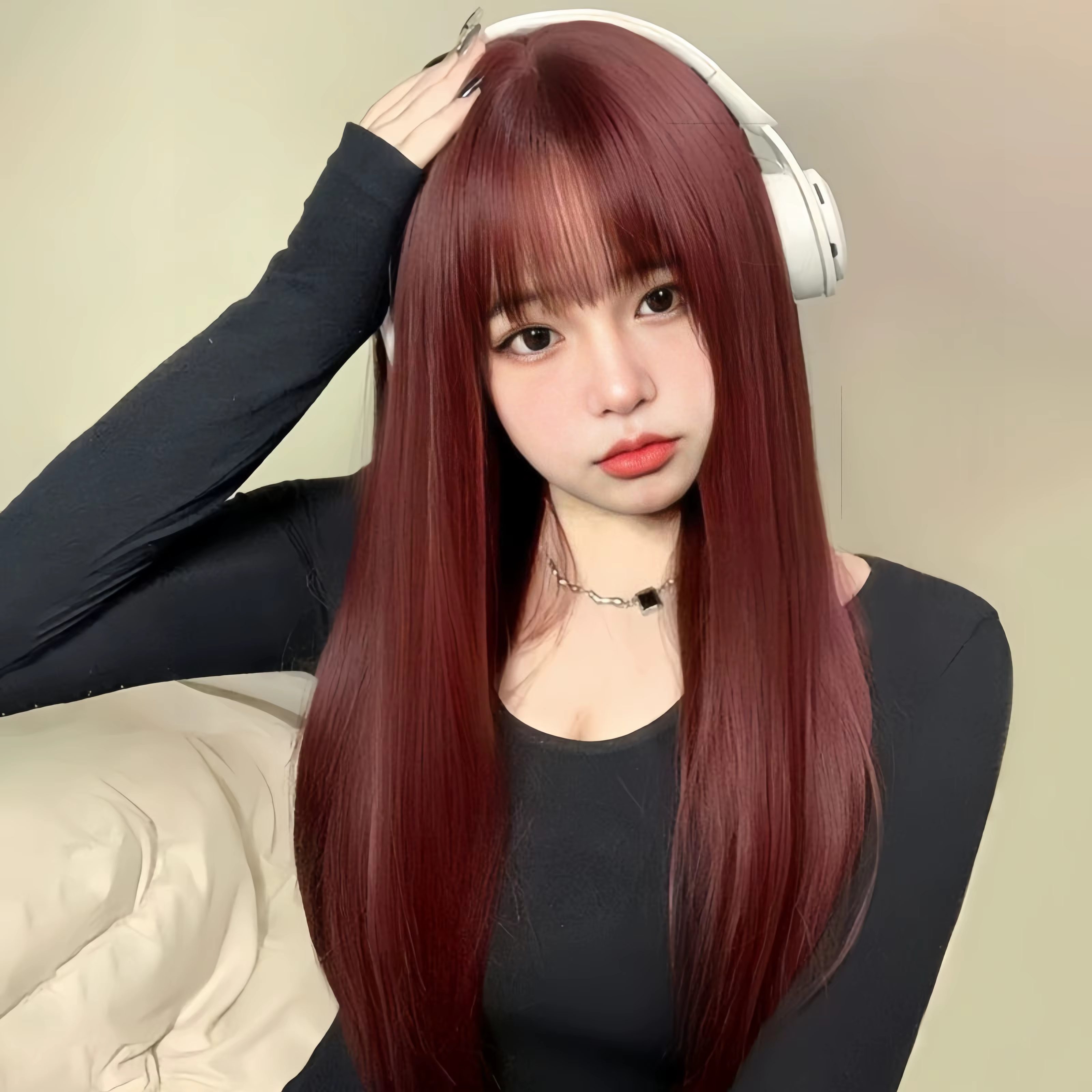 Perruque femme vin rouge cheveux longs raides bande dessinée frange tempérament réparation visage fibre synthétique