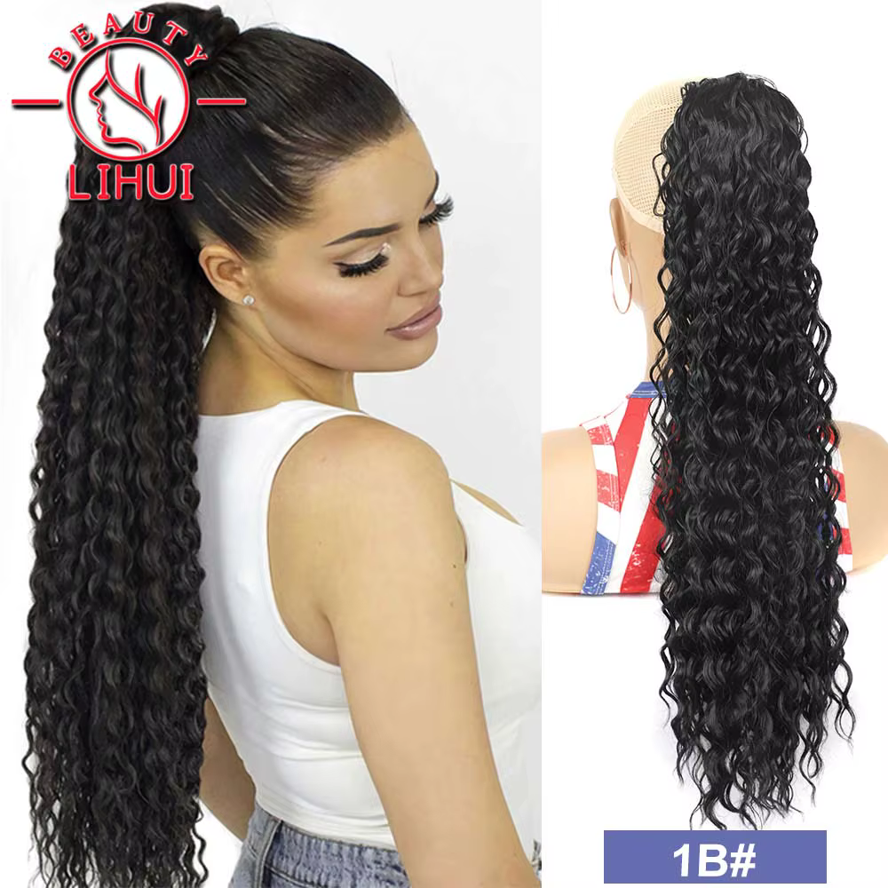 Extensions queue de cheval bouclée synthétique à Clip avec cordon de serrage