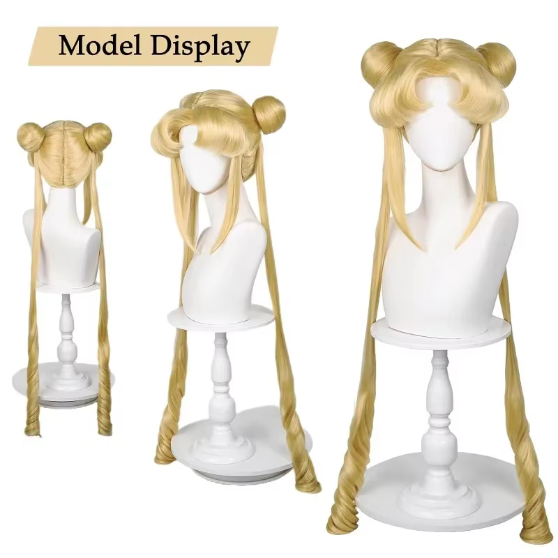 Sailor Moon Tsukino Usagi Perruque longue bouclée blonde queue de cheval avec 2 queues de pong avec bonnet