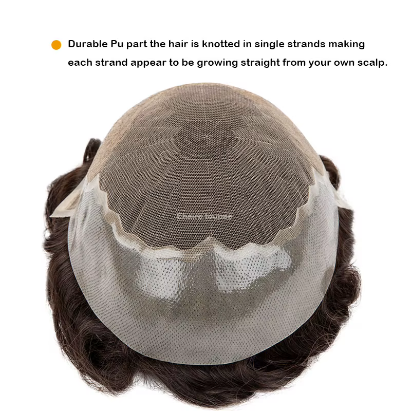 Q6 hommes perruque humaine mâle cheveux prothèse dentelle et noué PU perruques