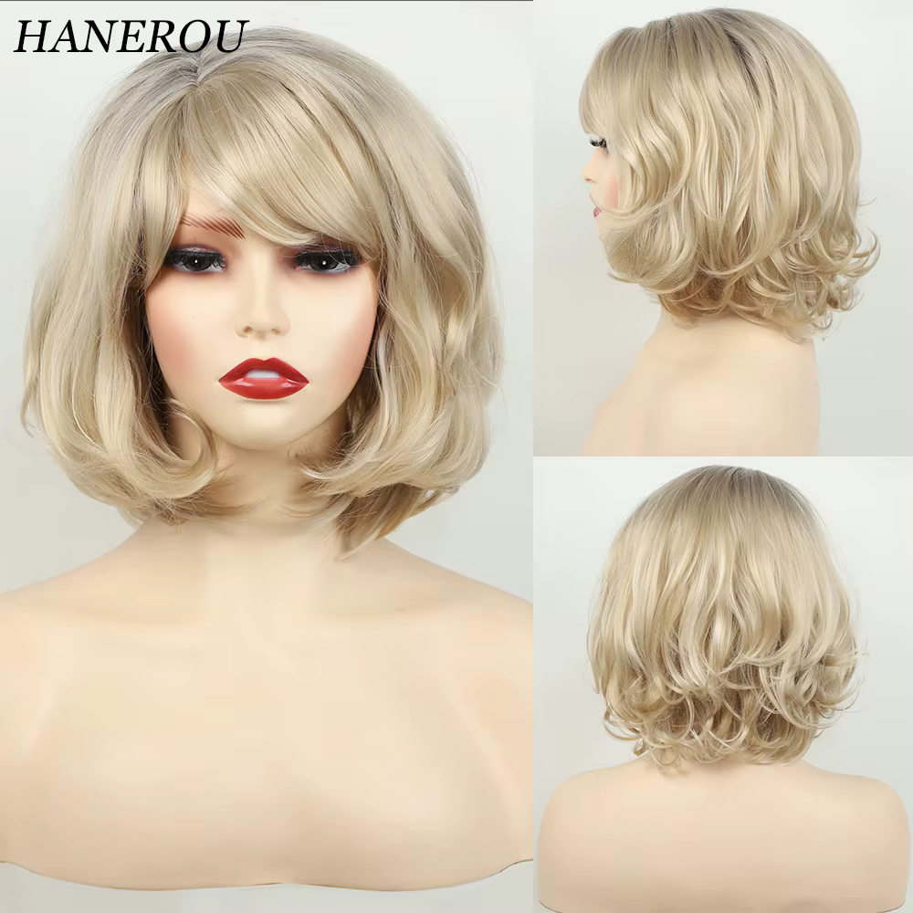 HANEROU – perruque synthétique courte ondulée Blonde naturelle ombrée bouffante pour femmes