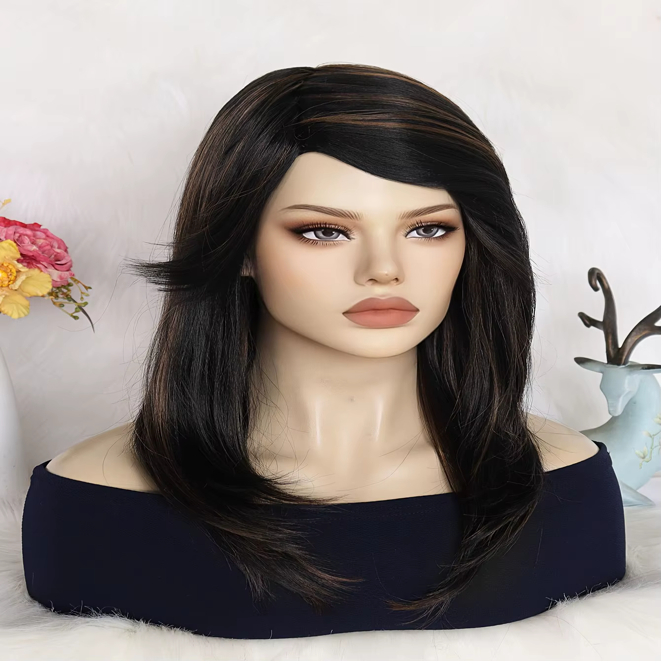  ﻿ Perruque synthétique ondulée mi-longue pour femme avec frange latérale