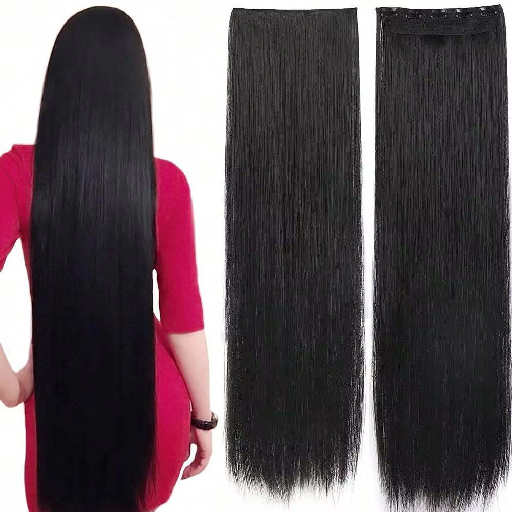 24 pouces/32 pouces/40 pouces postiches synthétiques longues droites pince dans les Extensions de cheveux noir naturel