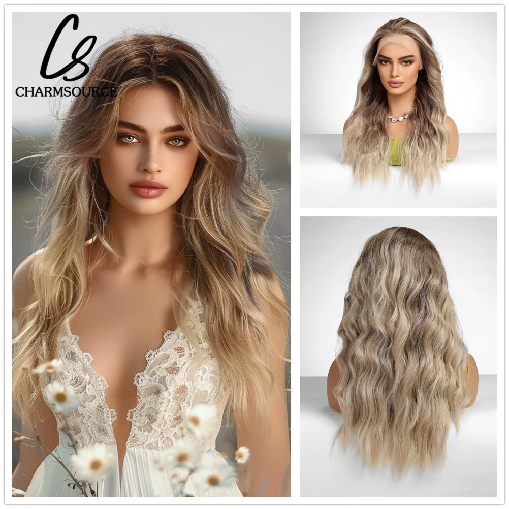 13x4 dentelle avant perruques marron Ombre Blonde synthétique longue ondulée bouclés