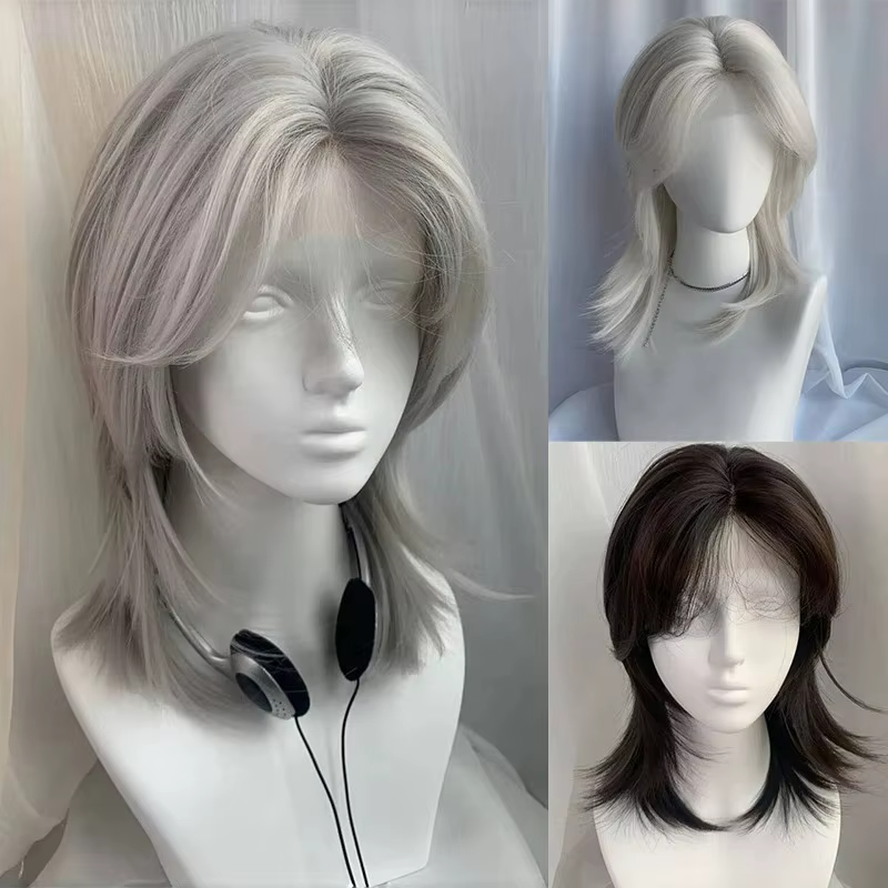 Lolita perruque synthétique front dentelle queue de loup cheveux courts bouclés argent gris superposition quotidien