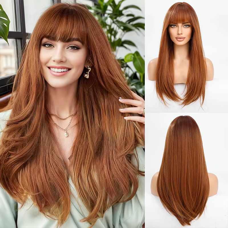 Perruque Synthétique Longue Droite avec Frange pour Femme