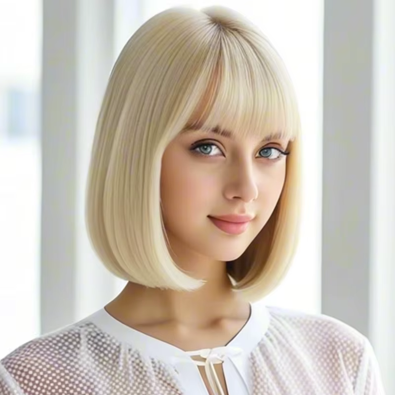 Perruque synthétique à frange blonde pour femmes