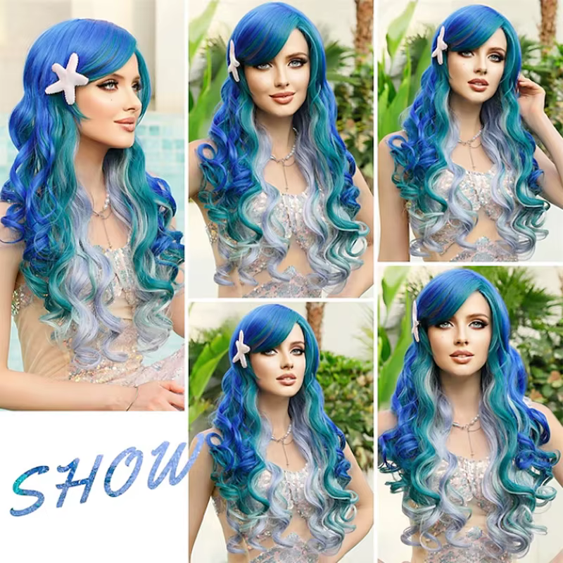 HAIRJOY Perruque synthétique longue ondulée bleu-vert style sirène