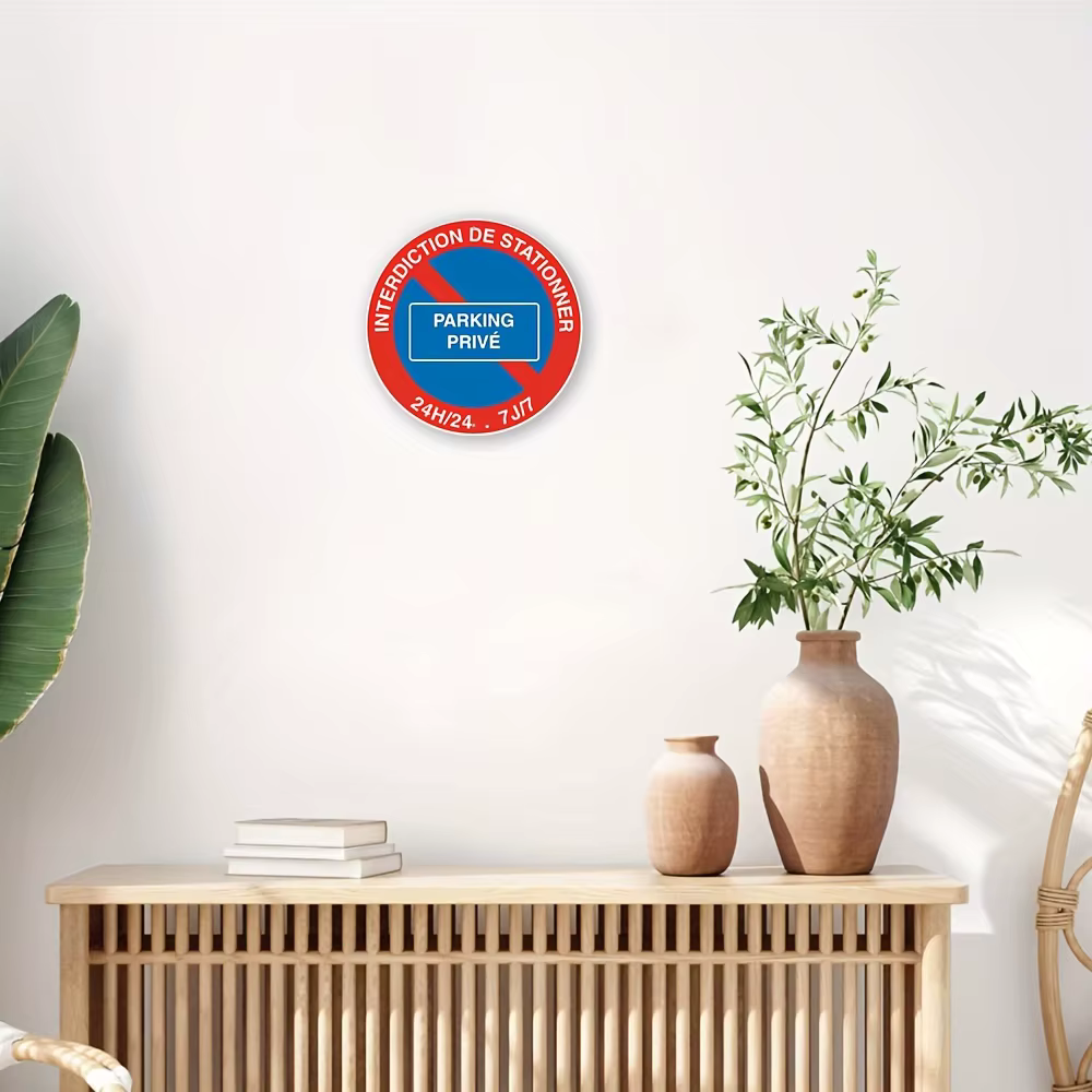 Panneau en métal imprimé HD « INTERDICTION DE STATIONNER PARKING PRIVÉ 24H/24 7J/7 » – Propriété privée, interdiction de stationnement – Avec motif Re