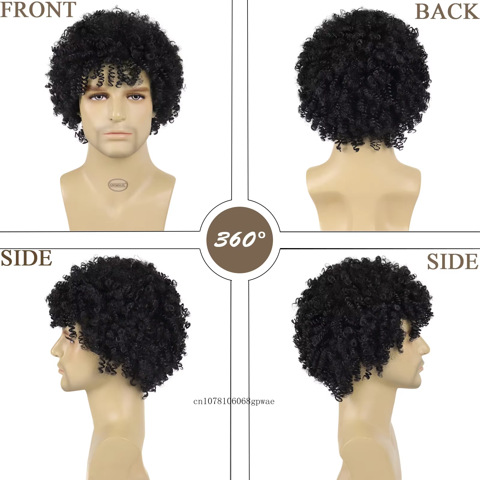 Perruques synthétiques bouclées rebondissantes noires naturelles pour hommes
