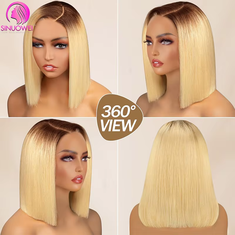 Perruques Bob Blondes Lisses 4/613 avec Racines Brun Foncé