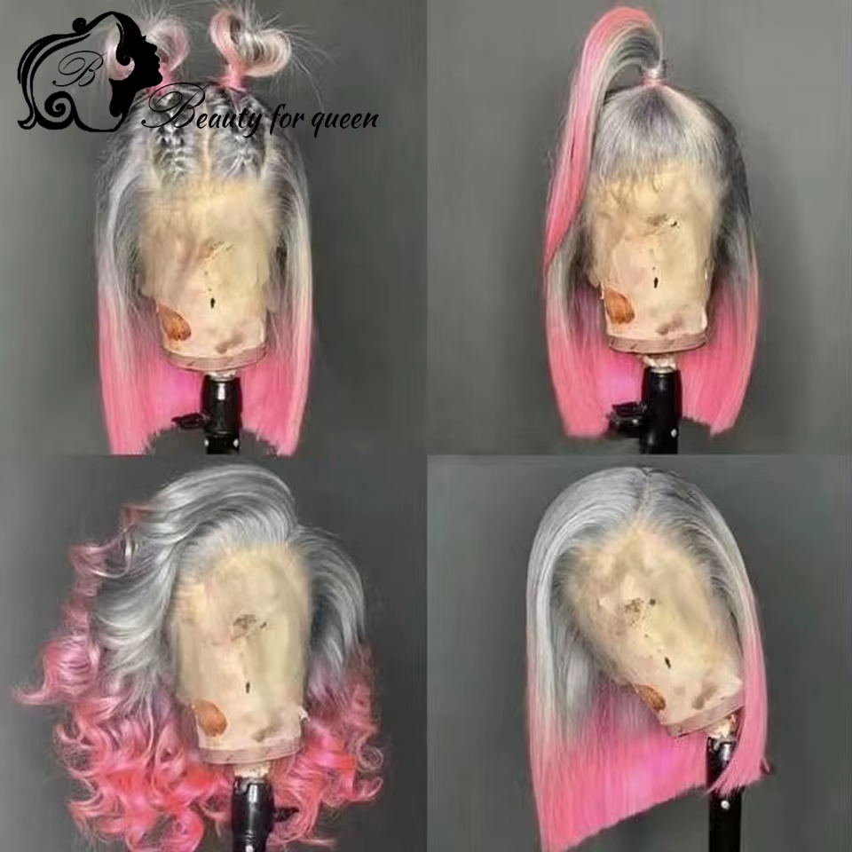 Miel Blonde Ombre 60 rose bleu violet couleur 13x4 dentelle avant perruques de cheveux humains pour femme jaune vert