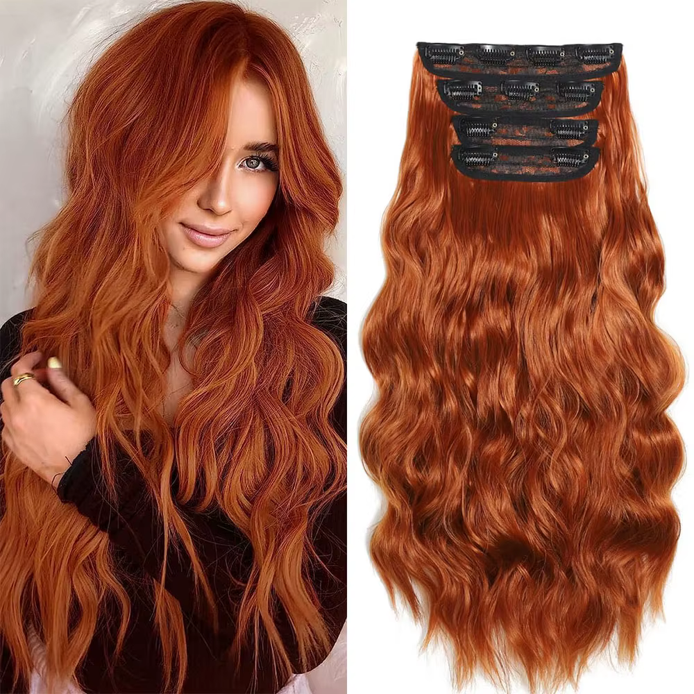 Extensions de cheveux synthétiques ondulées longues rouges cuivrées à clipser