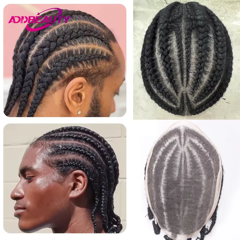 Cornrow tresses Afro toupet cheveux pour hommes 6 '' vrais