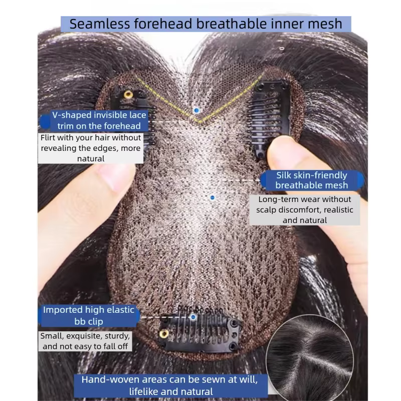 100% vrais cheveux humains Topper pour femmes 8x11 cm Invisible dentelle Toppers avec 3D frange Clips dans les postiches pour Volume couverture chauve